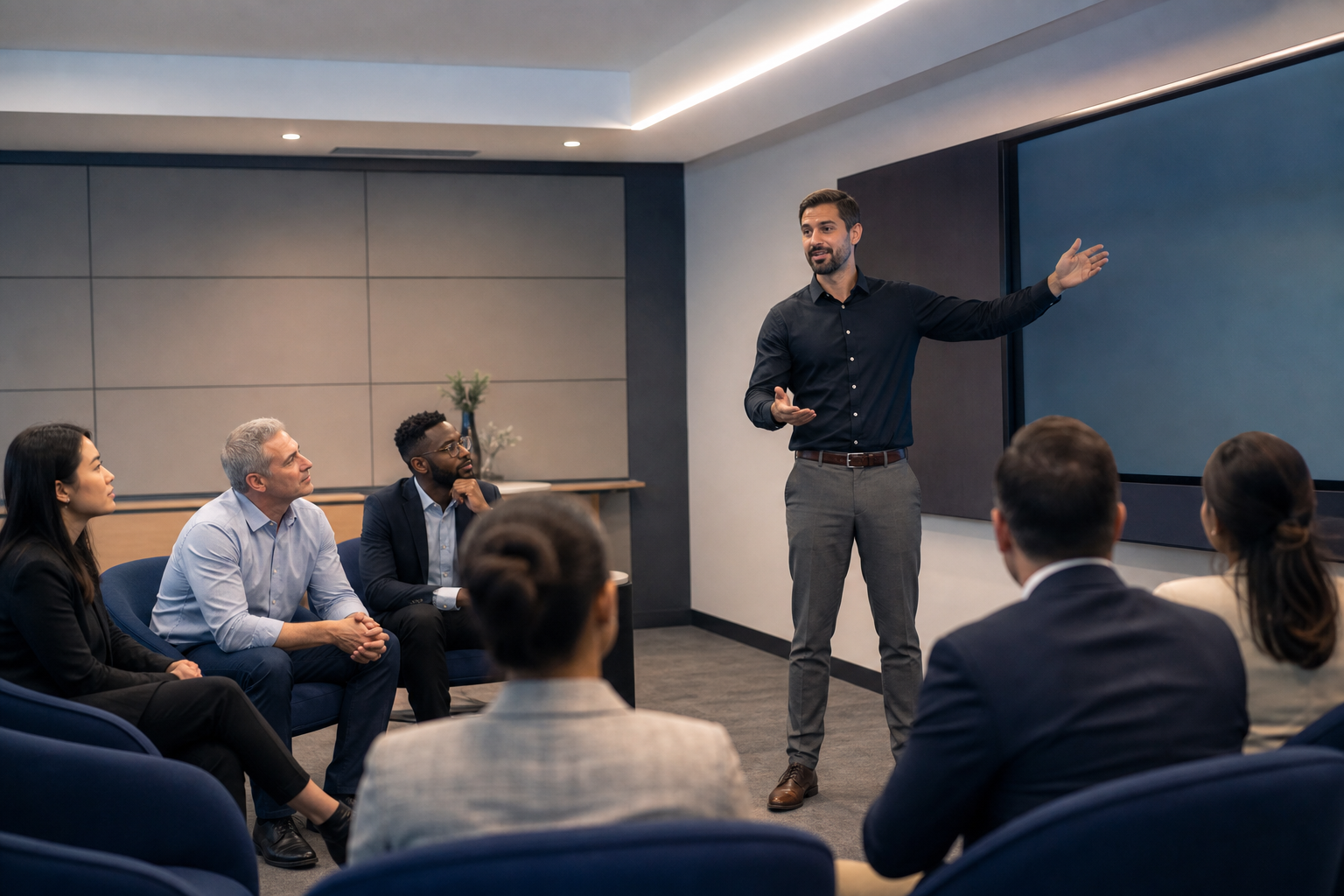 AI Generated Image Title Expositor Giving a Course in a Company